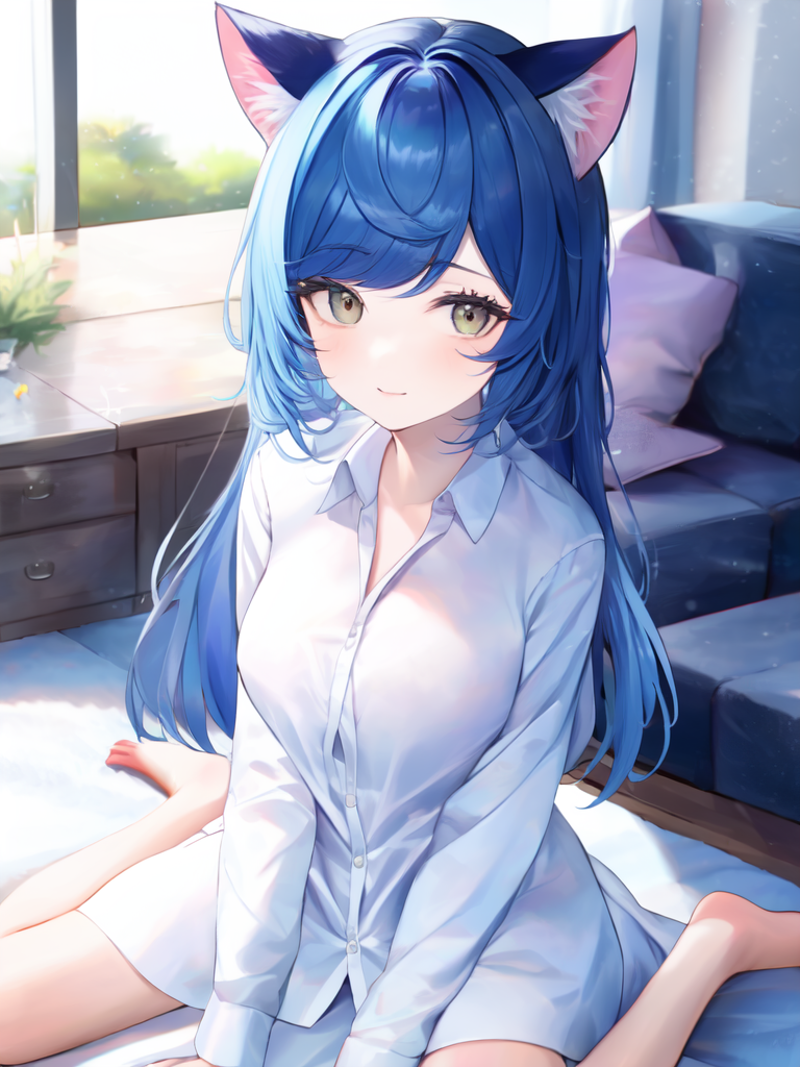 43072-3009290280-1girl, blue hair, cat ears, white dress shirt, swept bangs, looking at viewer, wariza, sitting.png